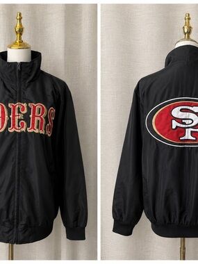 Vintage NFL Black Windbreaker with Red and Gold 49ers Logos